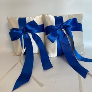 Wedding‎ Ring Bearer Pillow Ivory Satin Royal Blue Ribbon Bow Set of 2